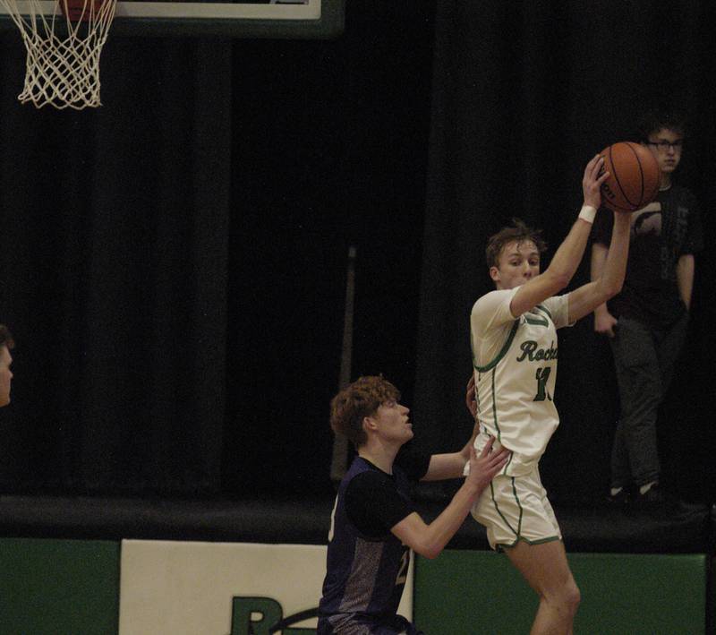 Rock Falls' Aydan Goff grabs a rebound against Dixon during their game Tuesday, Feb. 6, 2024, at Rock Falls High School.