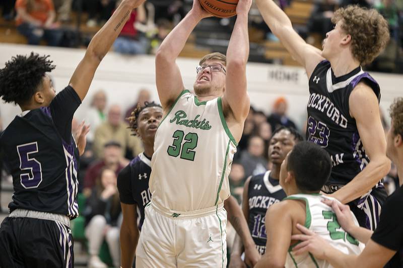 Rock Falls’ Chevy Bates works below the basket Friday, Feb. 3, 2023 against Rockford Lutheran.