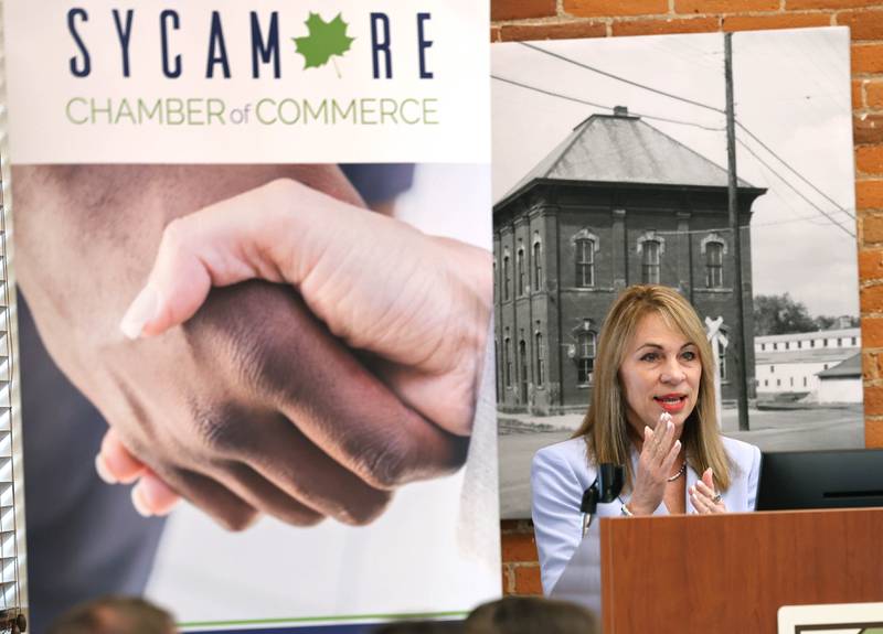Ruth Kedzior, DeKalb County administrator, speaks Wednesday, May 6, 2026, during the State of the Community Address hosted by the Sycamore Chamber of Commerce in the DeKalb County Community Foundation Freight Room.
