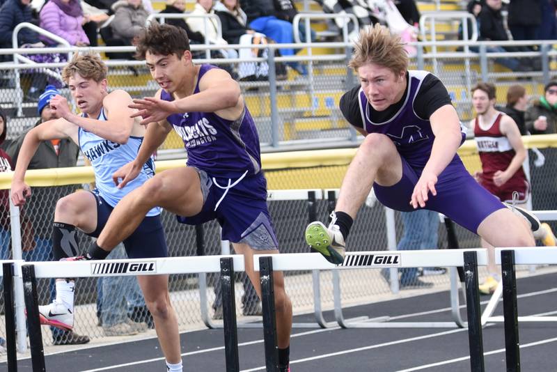 From left, Prairie Central's Tyson Herr, Wilmington's Hunter Kaitschuck and Manteno's Nick Honkisz run the 110 hurdles at the Herscher Invite Friday, May 1, 2026.