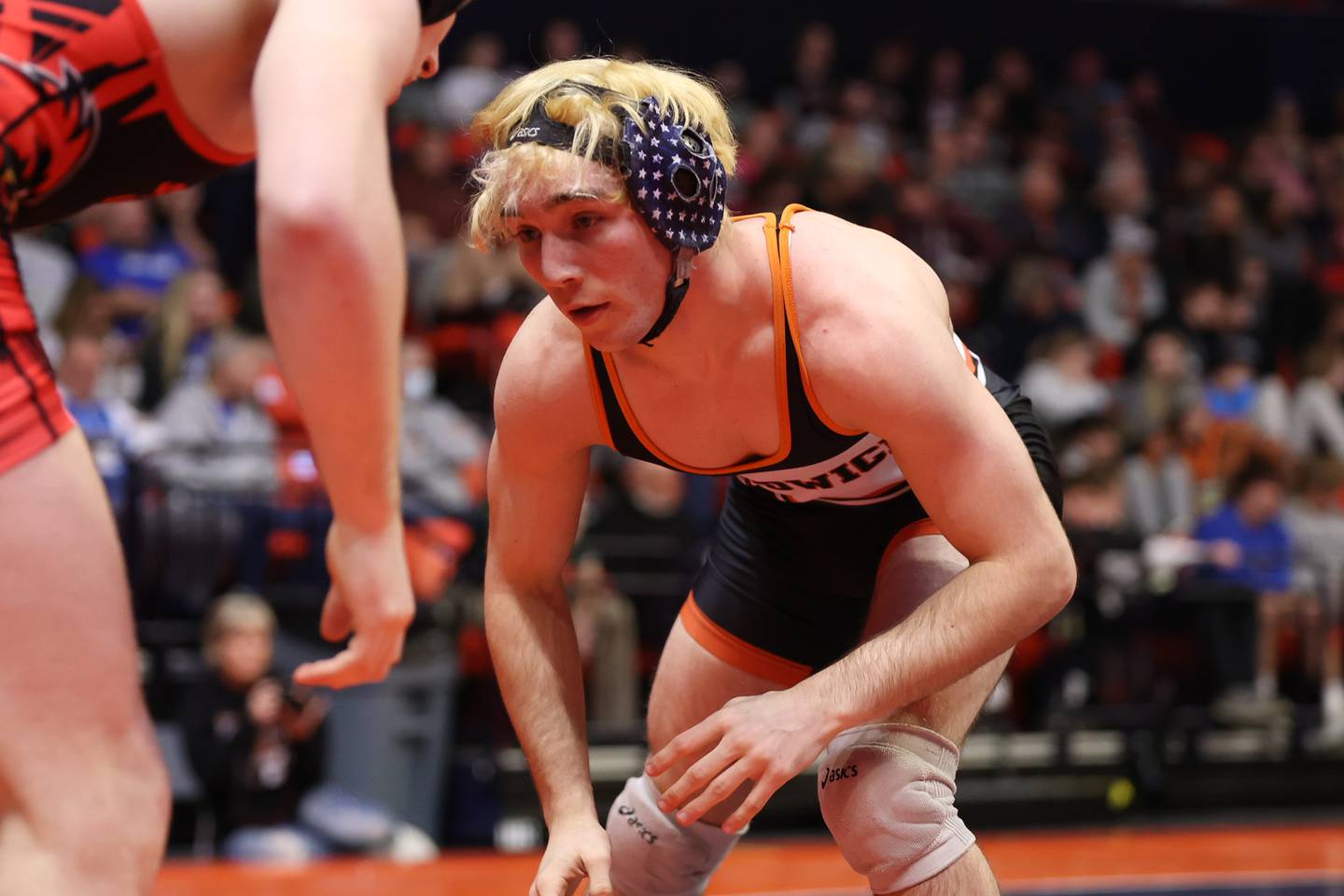 Sandwich’s Aidan Linden moves around Stillman’s Jack Seacrist in the Class 1A 152lb. semifinals at State Farm Center in Champaign. Friday, Feb. 18, 2022, in Champaign.