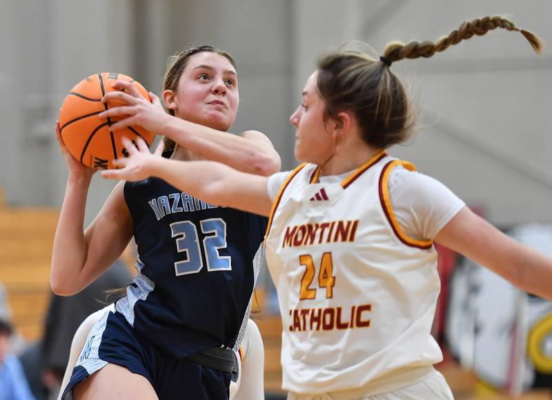 Nazareth’s Stella Sakalas (32) goes to the hoop as Montini’s Peyton Farrell defends during a Coach Kipp Hoopsfest game on January 20, 2025 at Benet Academy in Lisle.