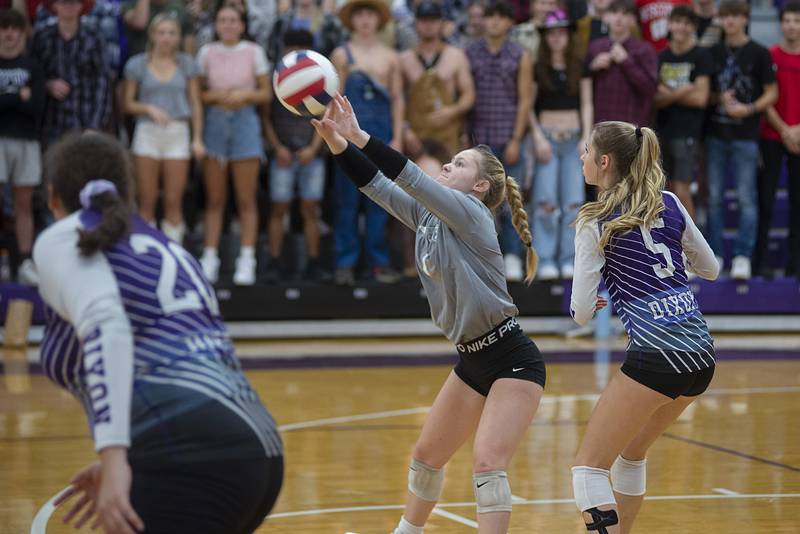 Dixon’s Natalie Davidson sets the ball against Alleman on Wednesday, Sept. 7, 2022.