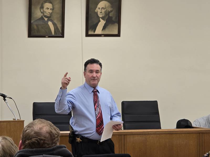 Bureau County Sheriff Jim Reed speaks to the public Wednesday, Feb. 5, 2025, during a Bureau County Board committee meeting. He answered questions about an intergovernmental agreement to accept jail inmate transfer from Cook County to the Princeton jail.