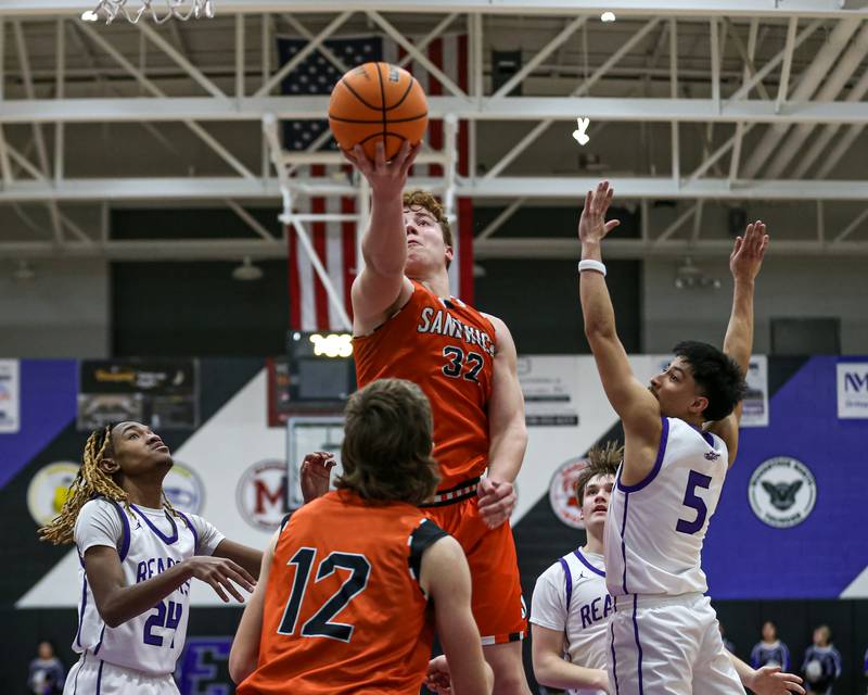 Sandwich's Quinn Rome (32) attempts a shot during their basketball game between Sandwich at Plano. Jan 27, 2025 in Plano.
