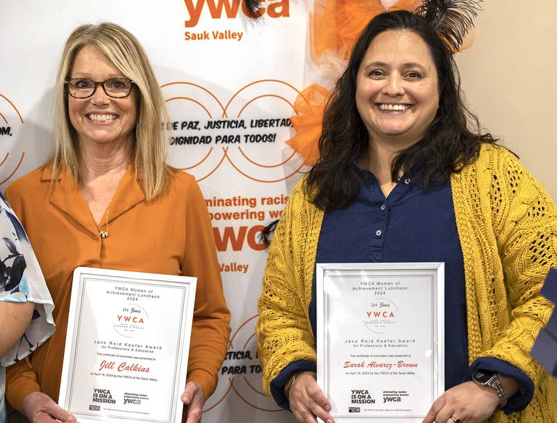 Jill Calkins (left) and Sarah Alvarez-Brown were co-winners of the Jane Reid Keefer Award Thursday, April 18, 2024 at the YWCA Women of Achievement Luncheon. The award is given to women who show significant achievement in the medical, legal, social service, teaching or non-profit fields.