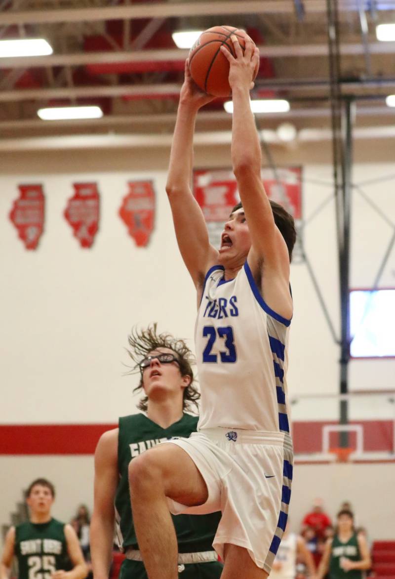 Princeton's Noah LaPorte goes in for a dunk against St. Bede Saturday night in the Colmone Classic.