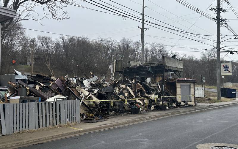 A view of the aftermath of the fire at the former Platform 31 tavern on Tuesday, March 25, 2025 on Water Street in Peru. The three-alarm fire started around 8:30a.m. on Monday. many fire departments from across the Illinois Valley region assisted in the blaze. The building is a total loss.