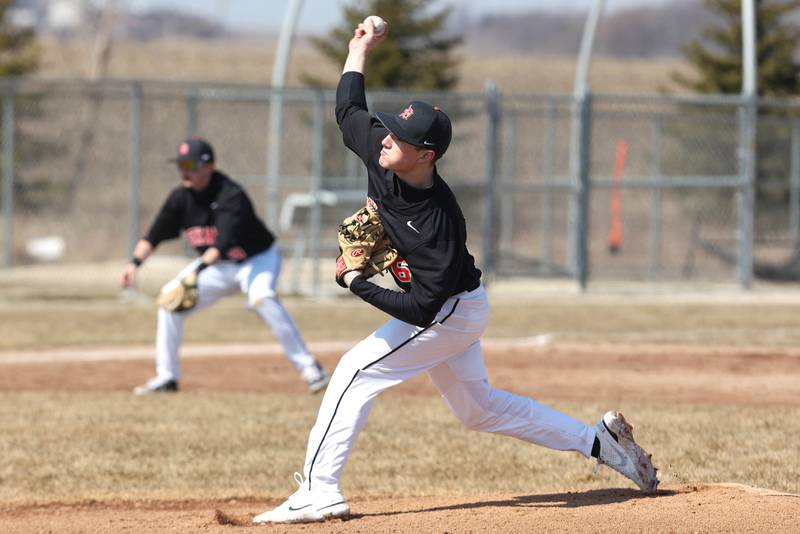 DeKalb’s Joshua Klemm delivers a pitch during their game against Dixon Tuesday, March 28, 2023, at DeKalb High School.