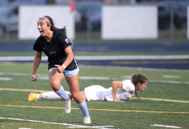 St. Charles North’s Bella Najera celebrates her game-winning goal during a Class 3A West Chicago Sectional semifinal against Geneva on Tuesday, May 23, 2023.