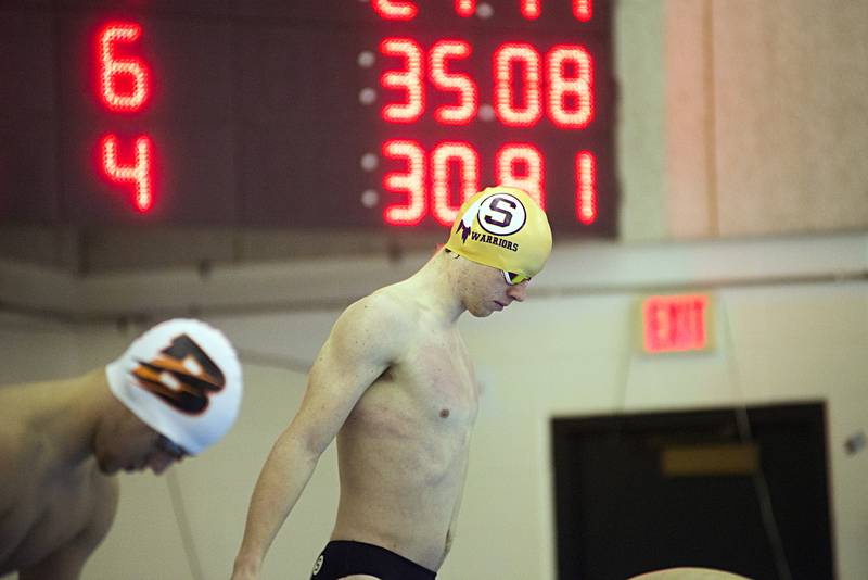 Sterling's Skylar Drolema prepares for his heat in the 50 yard freestyle race Tuesday, Jan. 18, 2022 in Byron.