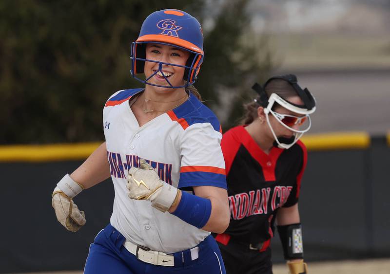 Genoa-Kingston’s Elizabeth Davis is all smiles as she rounds the bases after homering during their game against Indian Creek Tuesday, March 18, 2025, at Indian Creek High School in Shabbona.