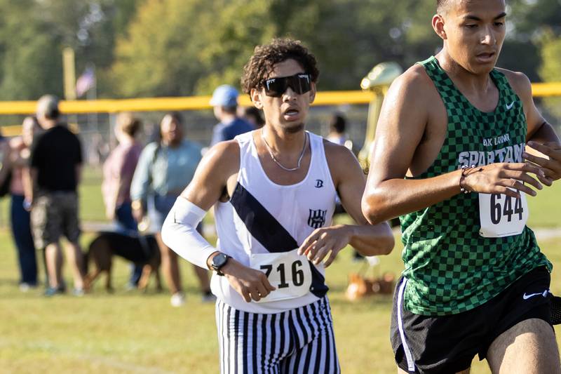 Plainfield South’s Nick Valenciano competes in the Locktoberfest three-mile varsity cross country race at Dellwood Park in Lockport on October. 4, 2025.