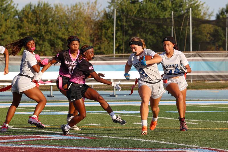 Plainfield South's Sofia Reynoso looks to evade Kankakee defenders during the Kays' 40-26 victory over Plainfield South on Monday, Oct. 6, 2025.