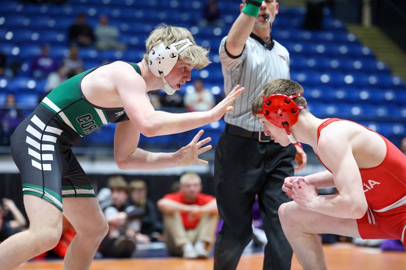 Coal City's Max Christensen, left, wrestles Vandalia's Elijah Mabry in the 150-pound match during the Coalers' IHSA Class 1A Dual Team State championship victory over Vandalia on Saturday, Feb. 28, 2026.
