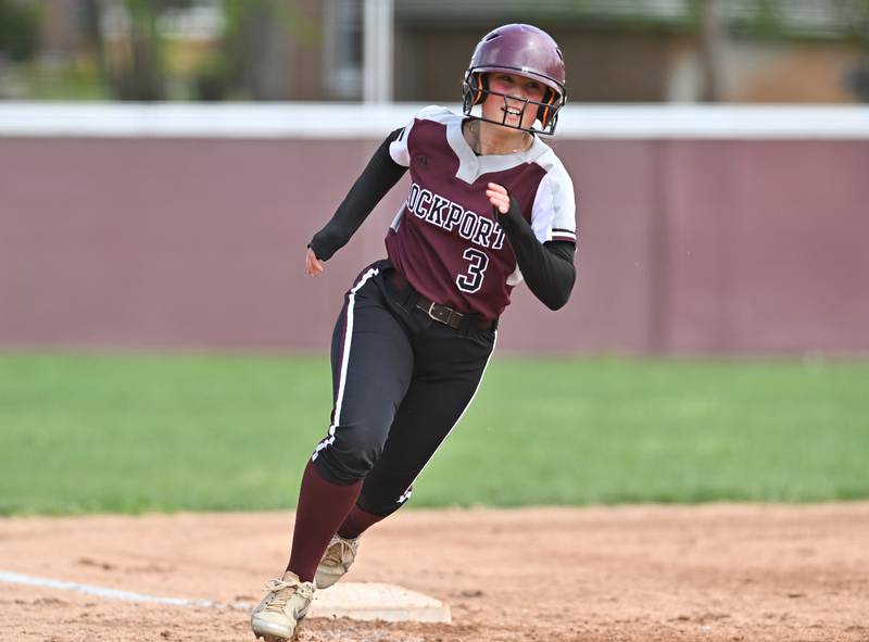 Marengo's first baseman Marissa Young rounds third base during the non-conference game against Marengo on Saturday, April. 27, 2024, at Lockport.