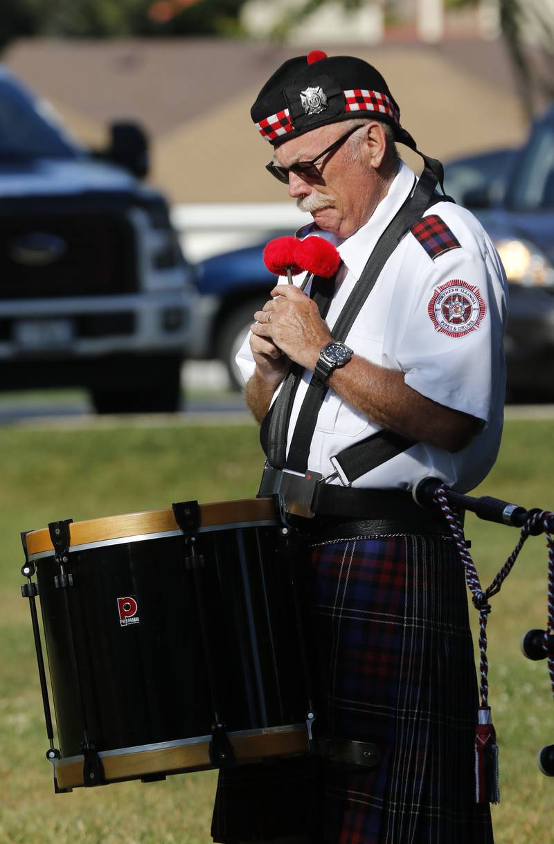 Tom Gough of the Northern Illinois Pipes and Drums, duiring the September 11 Remembrance Ceremony on Sept. 11, 2025, at Veterans Park in McHenry.