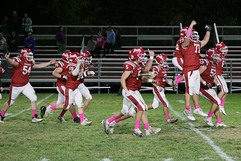 Members of the Hall football team react after defeating Bureau Valley on Friday, Oct. 21, 2022 at Richard Nesti Stadium in Spring Valley.