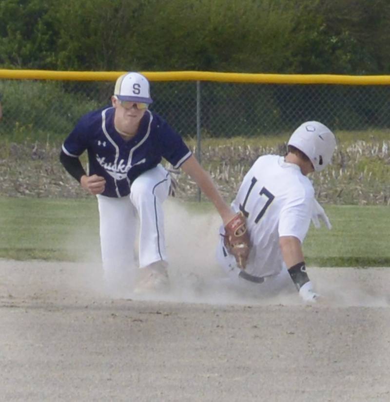 Yorkville Christian’s Brody Davis beats the tag by Serena’s Tanner Faivre at 2nd base Thursday at Serena.