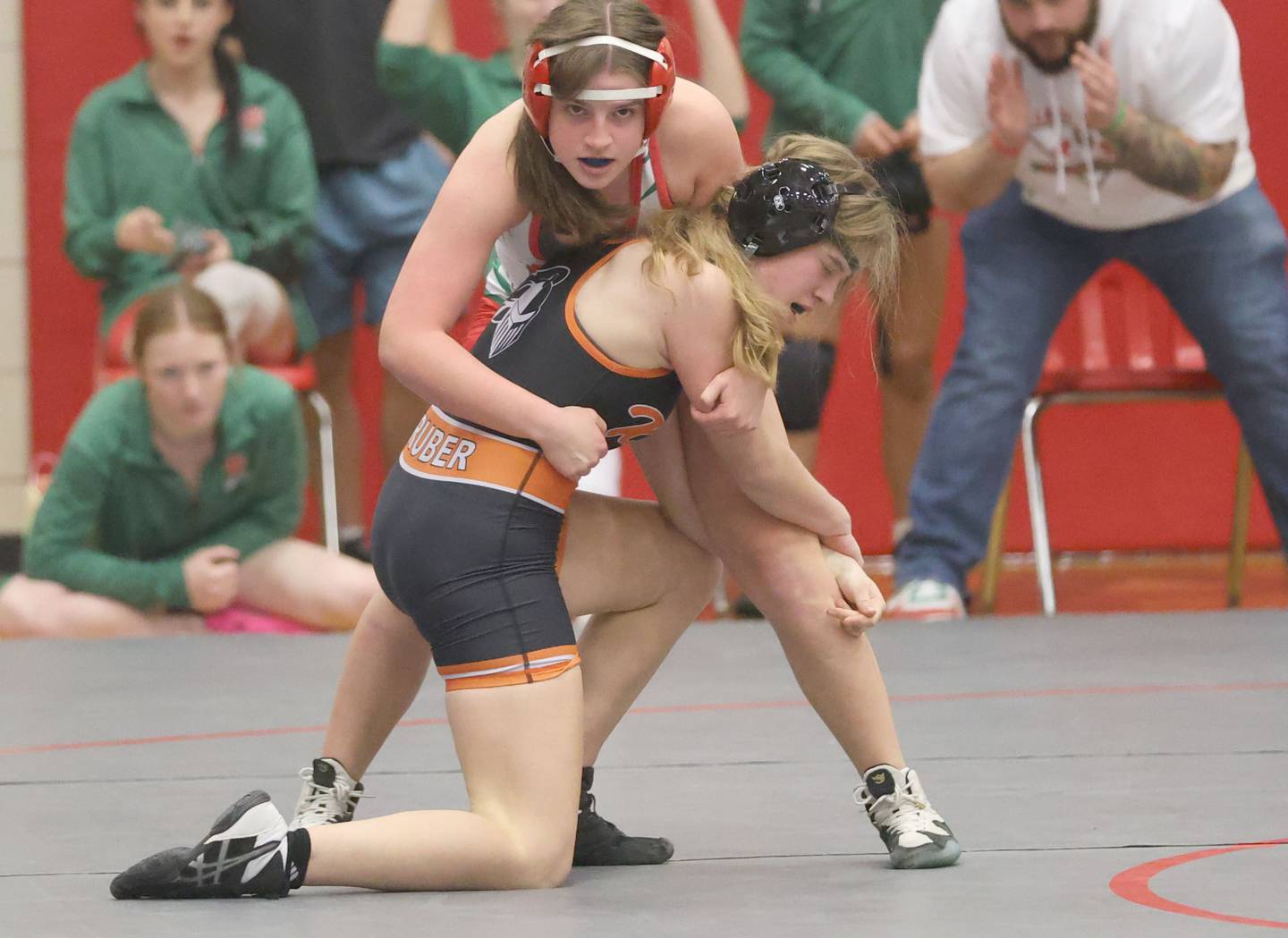 L-P's Emma Tomlinson wrestles Kaneland's Bella Gruber during a meet on Thursday, Jan. 22, 2026 in Sellett Gymnasium at L-P High School.