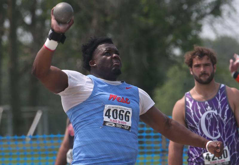 Aurora West's Dionte Shaw competes in shot put during the IHSA Class 3A Boys Track & Field State Finals on Saturday, May 31, 2025 at Eastern Illinois University in Charleston.