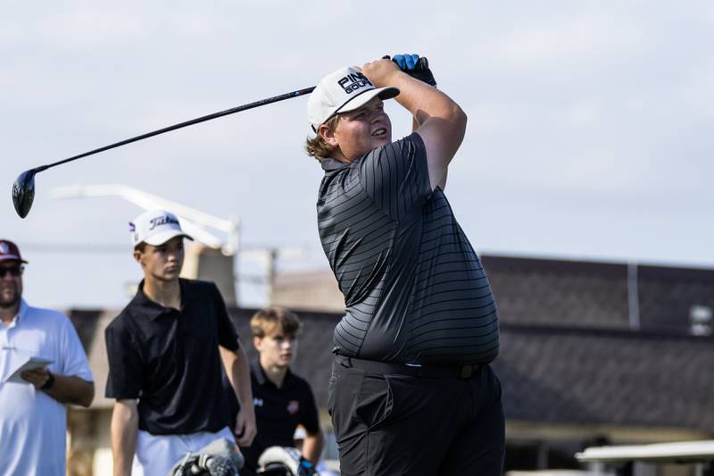Bradley-Bourbonnais’s Kaden Davis tees off at the 10th hole during the IHSA Boys’ Class 3A Sectional at Wedgewood Golf Course in Plainfield on Oct. 6, 2025.