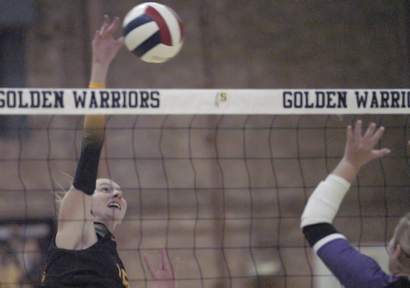 Sterling's Kasey Weeks powers the ball. Sterling hosted Dixon in Volleyball on August 26, 2025 at Musgrove Fieldhouse.