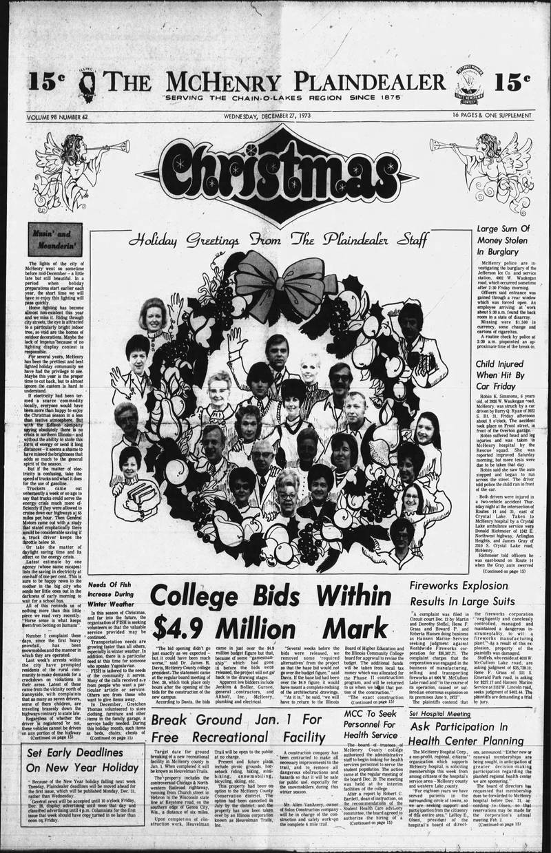 The McHenry PlainDealer front page on Dec. 27, 1973.