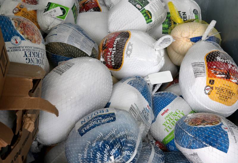 Some of the many turkeys collected Friday, Nov. 22, 2024, during the Let’s Talk Turkey food drive at the Salvation Army in DeKalb. The campaign, in association with WLBK, accepted turkeys, hams and monetary donations for Thanksgiving meals.