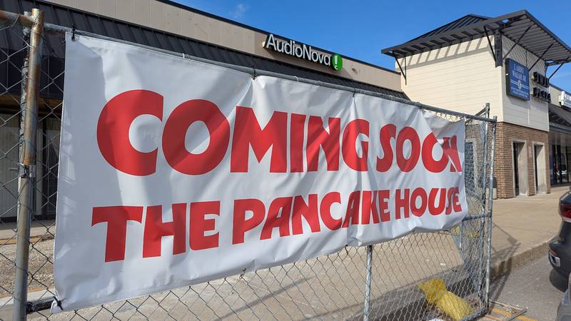 A sign proclaiming, “Coming soon – The Pancake House" hangs off the fence in Twin Plaza Properties, near its new home at 3147 W. Jefferson St. in Joliet, is seen on Sunday, April 6, 2025.