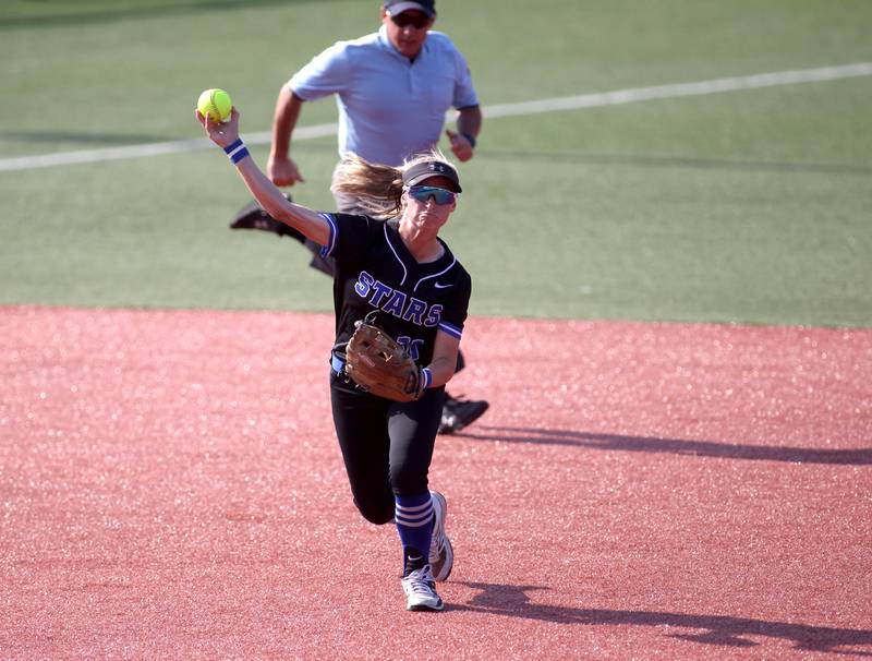 St. Charles North's Auburn Roberson throws to first during their Class 4A Rosemont Supersectional win over Whitney Young on Tuesday, June 7, 2022.