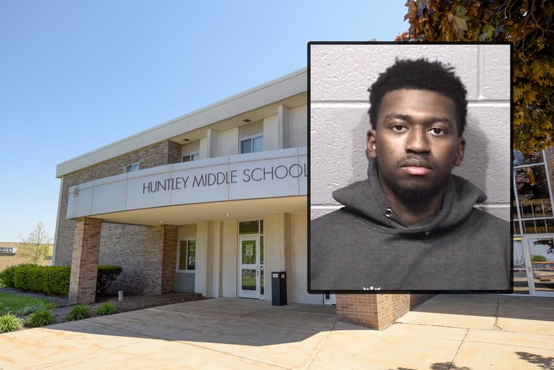 Quinyatta L. Hutchinson, 23, of the 900 block of Crane Drive, DeKalb, is charged with grooming and aggravated criminal sexual abuse, a class 2 felony. If convicted, he could face up to seven years in jail. (Inset photo provided by DeKalb County Jail, building photo by Shaw Local News Network)