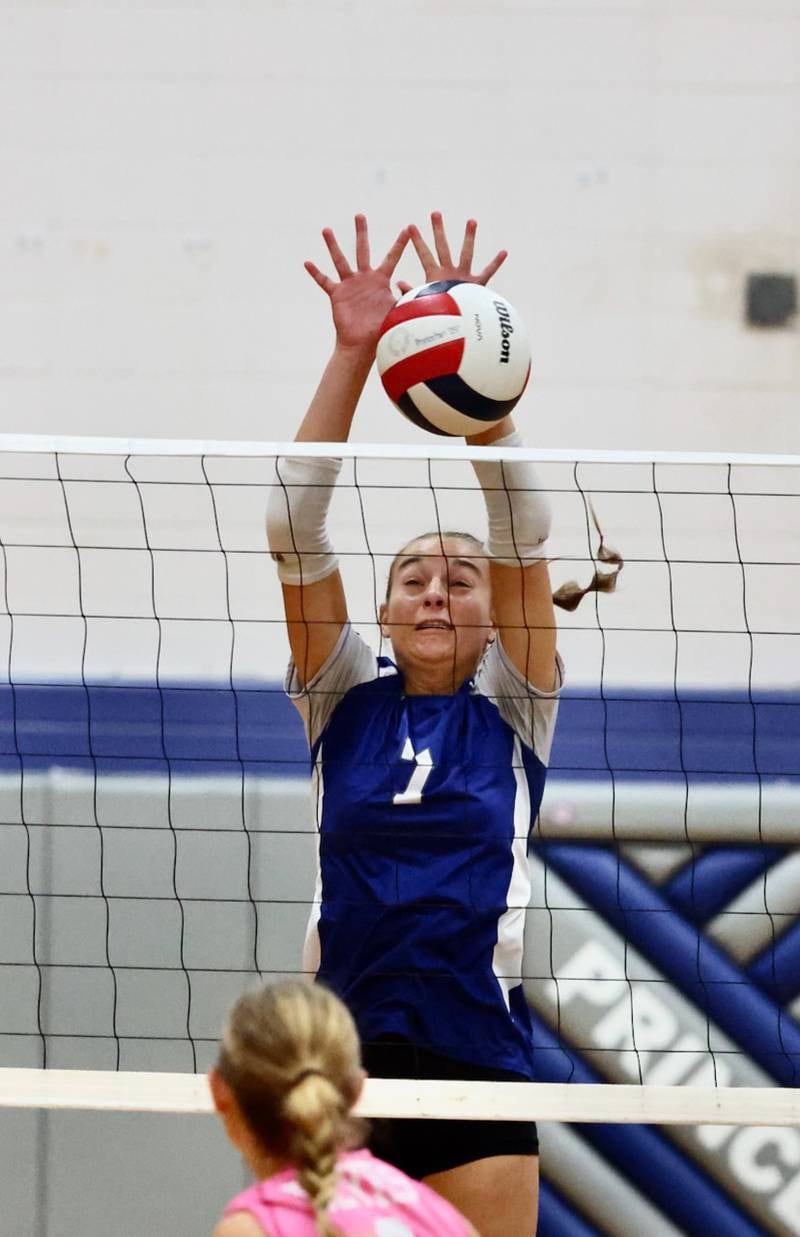 Princeton's Kathy Maciczak blocks the ball during a match against Hall on Tuesday, Sept. 16, 2025 in Princeton.