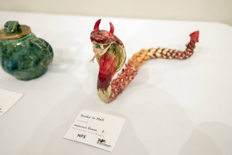 “Snake in Hell,” a work by Rock Falls High School senior Makenzie Diane took the 3D Best of Show award Friday, March 28, 2025, for the student art show at The Next Picture Show in Dixon.