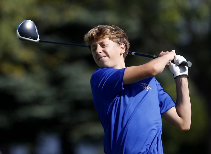 Dundee-Crown’s Trace Moldenhauer watches his tee shot on the second hole during the Fox Valley Conference Boys Golf Tournament Thursday, Sept. 25, 2025, at Foxford Hills Golf Club in Cary.