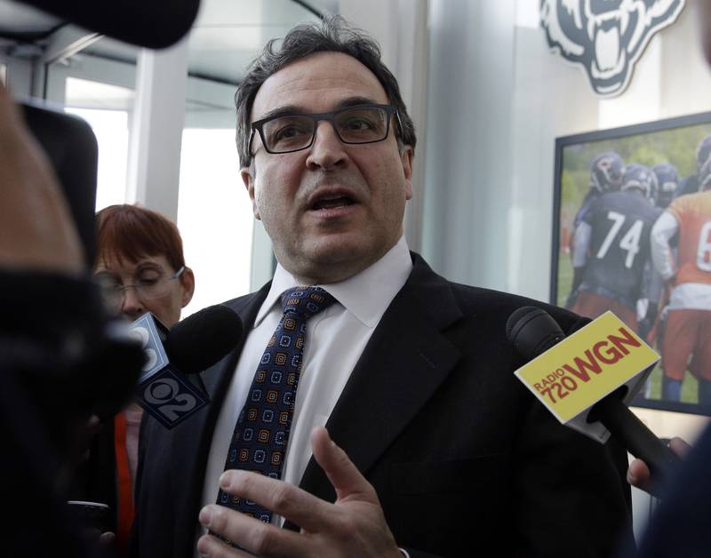 Chicago Bears President and CEO Ted Phillips talks to media after a news conference, Jan. 9, 2015, in Lake Forest.