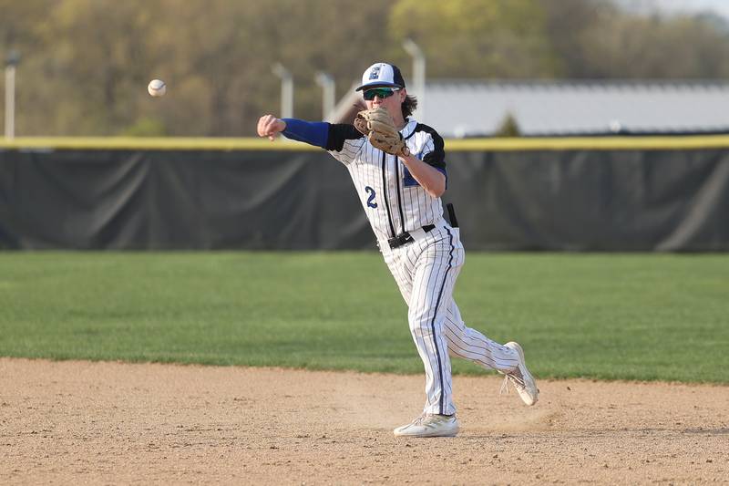 Lincoln-Way East’s Johnny Dwyer throws to first for th out against Lincoln-Way West on Monday, April 24, 2023 in Frankfort.