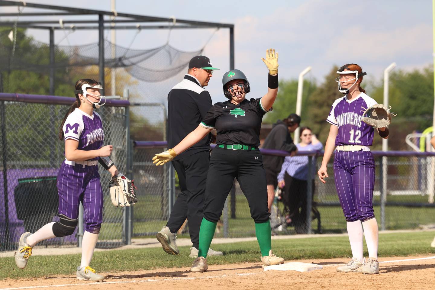 Seneca's Camryn Stecken celebrates hitting a triple during Seneca's 11-1 victory over Manteno on Friday, May 8, 2026.