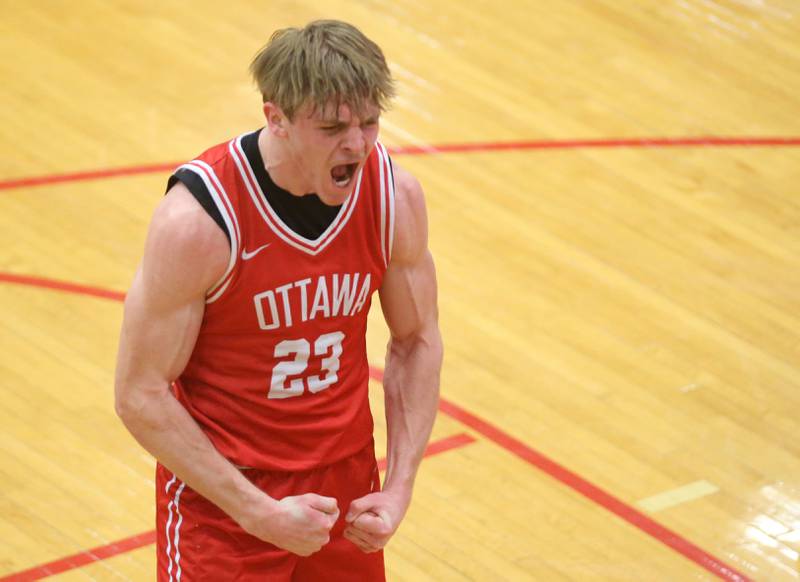 Ottawa's Owen Sanders reacts after dunking the ball against L-P during the Class 3A Regional title game on Wednesday, Feb. 25, 2026 in Sellett Gymnasium at L-P High School.