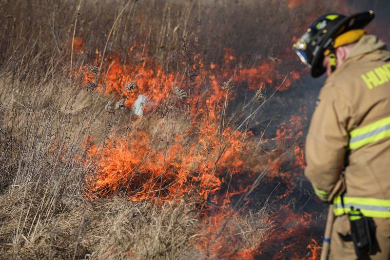 Eighteen acres of land were burned in a brush fire near Huntley Jan. 17, 2025.