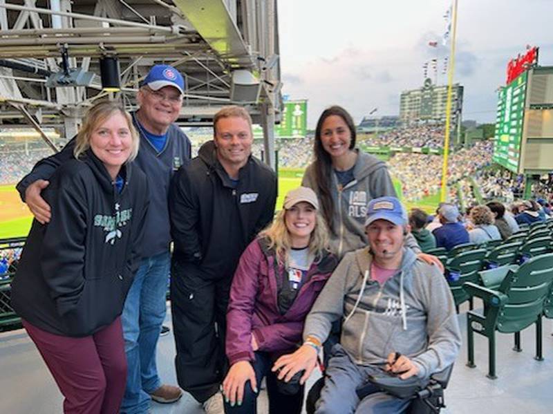 The Monier family, including Tami (from left), Don, and Hillary (Monier) Childs met with Brian and Sandra Wallach, founders of “I AM ALS”, at Wrigley Field on June 15 when the Cubs celebrated Lou Gehrig Day.