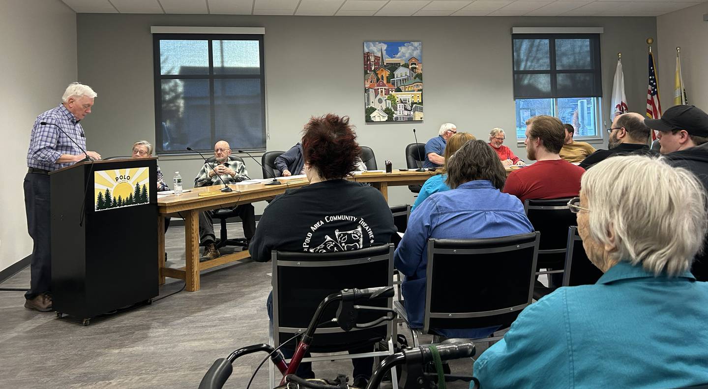 Tom Suits (at podium) served as the moderator at the Buffalo Township annual meeting on Tuesday, April 8, 2025 in Polo.