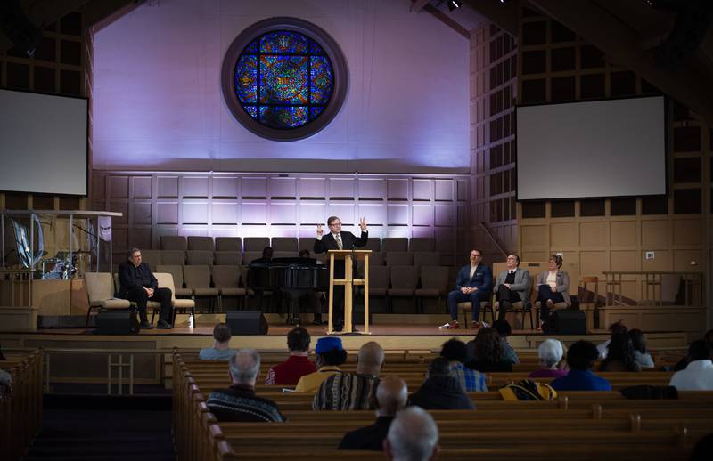 Keynote Speaker Rev. Robert Bushey Jr. speaks during the annual Dr. Martin Luther King Jr. Ecumenical Service at Olivet Nazarene University's College Church on Monday, January 19, 2026.