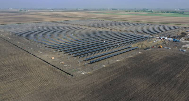 An aerial view of a solar farm being constructed just north of the intersection of North 33 Road and Illinois Route 23 on Wednesday, May 14, 2025 north of Ottawa.