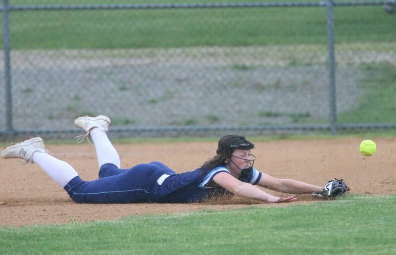 Bureau Valley's Lesleigh Maynard dives but misses a catch against Erie-Prophetstown during the Class 1A Regional game on Monday, May 13, 2024 at Bureau Valley High School.