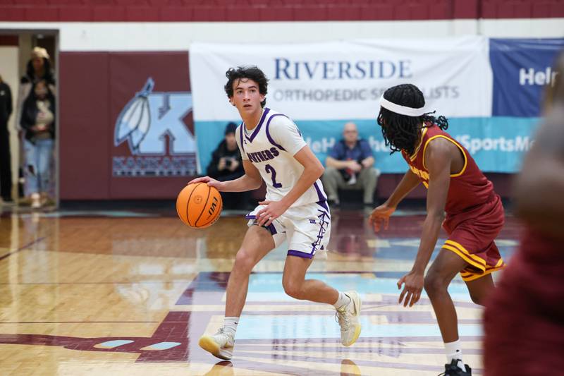 Manteno's Quinnten Campbell runs a play during the Panthers' 65-52 loss to Christ the King in the Kankakee Holiday Tournament blue bracket championship game on Sunday, Dec. 28, 2025.