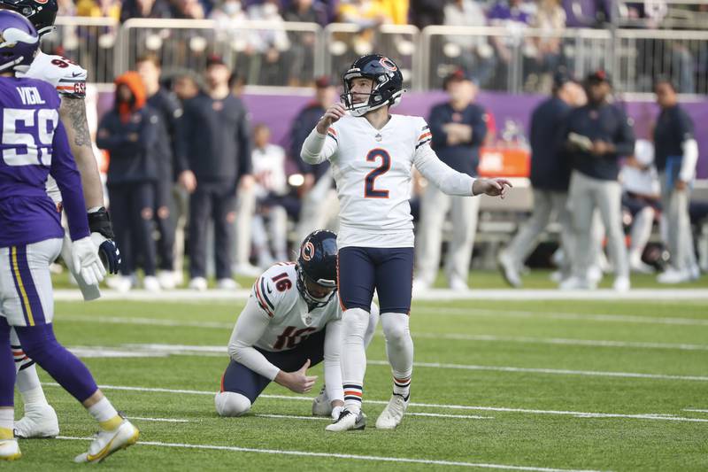 Chicago Bears kicker Cairo Santos kicks a field goal against the Minnesota Vikings, Sunday, Jan. 9, 2022, in Minneapolis.