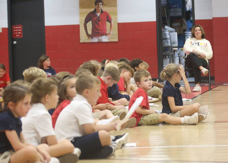 Students pray and recite the Rosary during the One Million Children Praying the Rosary campaign on Tuesday, Oct. 7, 2025 at Academy of St. Carlo Acutis Oglesby campus.