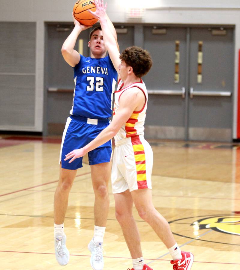 Geneva’s Ben Peterson shoots the ball during a game against Batavia on Friday, Dec. 20, 2024 in Batavia