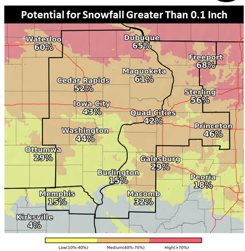 National Weather Service map showing projected chance of accumulated snowfall on Friday.